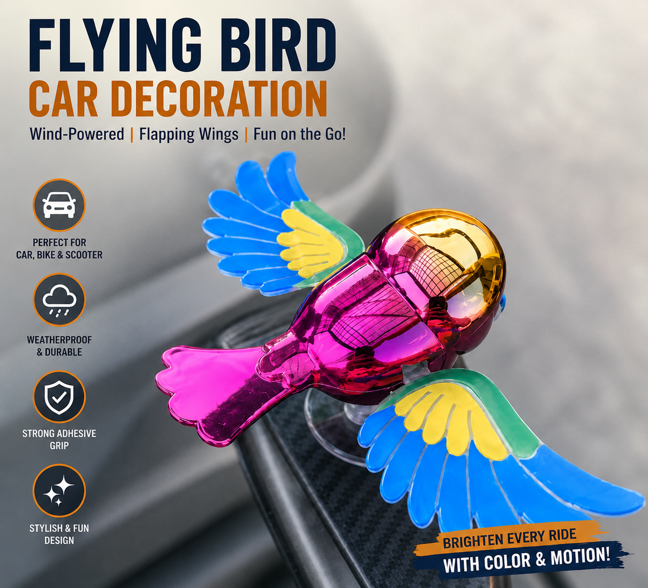 Flying bird car accessory with colorful wings
