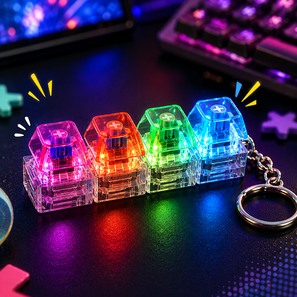Front view of LED Keyboard Keychain with colorful mechanical switches