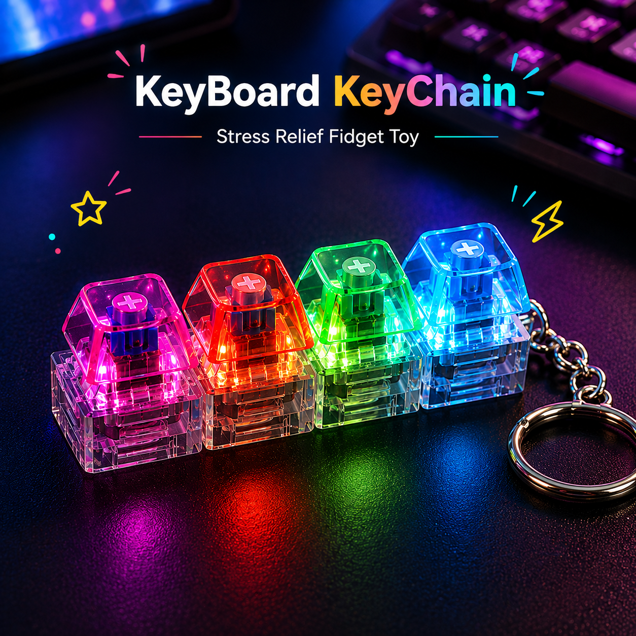 Mechanical Keyboard Keychain with RGB LED lights and 4 clicky switches for stress relief in Pakistan