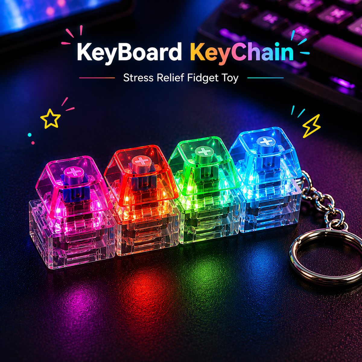 Mechanical Keyboard Keychain with RGB LED lights and 4 clicky switches for stress relief in Pakistan
