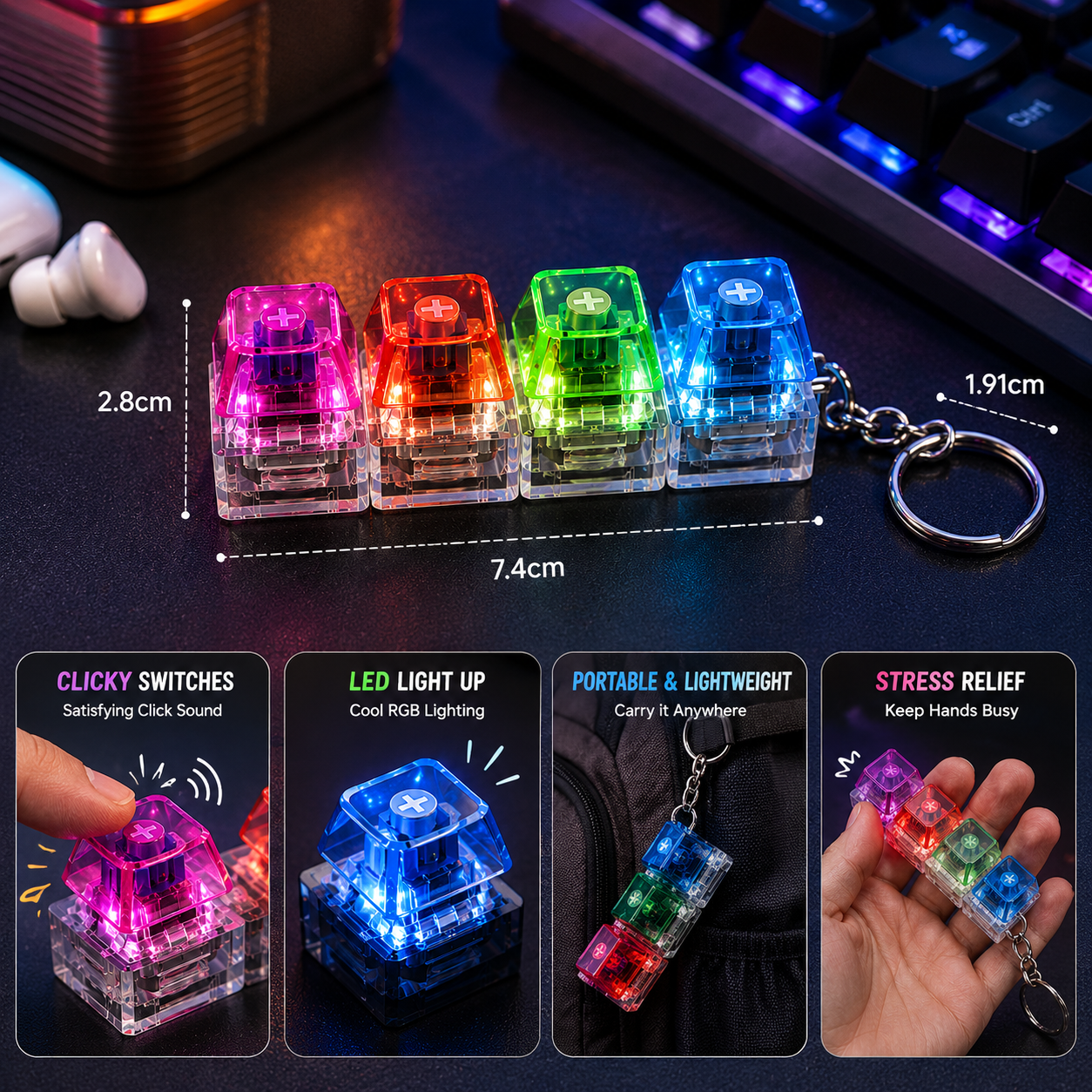 Mechanical switch keychain with tactile clicky buttons for gamers and keyboard enthusiasts