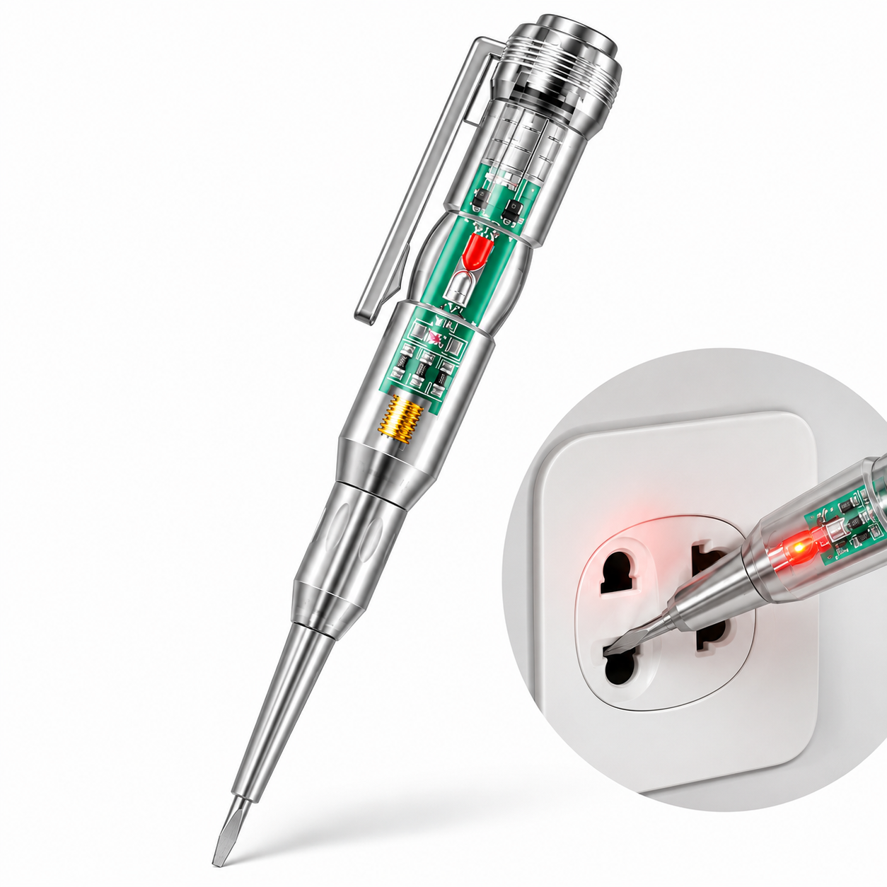 Front view of dual voltage tester screwdriver for electrical repairs